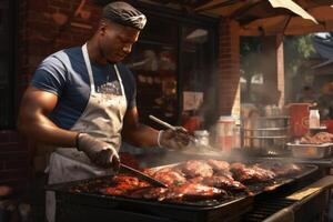 ai généré un Afro-américain homme cuisiniers Viande sur le rue dans le ville sur une gril. le concept de rue nourriture photo