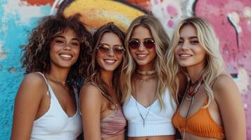 ai généré portrait de souriant copines dans été lumière vêtements sur le Contexte de le rue. une groupe de copains photo