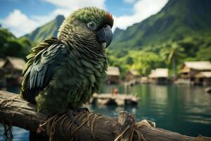 ai généré une perroquet sur le l'eau près le île de Tahiti. oiseau photo