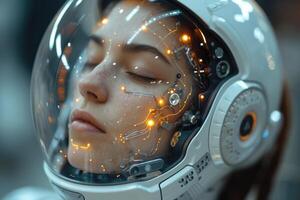 ai généré le fille dans le espace casque de le avenir. robotisation photo