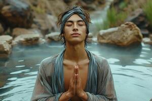ai généré une homme séance dans le l'eau pratiquant yoga , profiter méditation photo