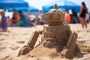 ai généré une robot le sable sculpture sur le plage. art Festival photo