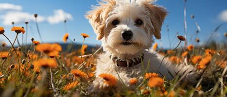 ai généré paisible chien allongé dans une mer de fleurs. photo