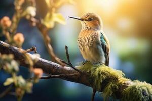 ai généré une colibri oiseau séance sur une branche dans le jungle. le le plus petit oiseau dans le monde photo