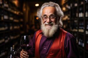 ai généré une confiant, âgé, positif, souriant homme avec une barbe dégustation rouge du vin dans le sien du vin cave photo