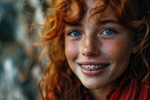 ai généré portrait de une Jeune roux femme avec un appareil dentaire sur sa les dents sur une rue Contexte. longue frisé rouge cheveux photo