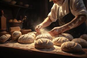 ai généré le boulanger chef pétrir le pâte sur le pain cuisson table photo