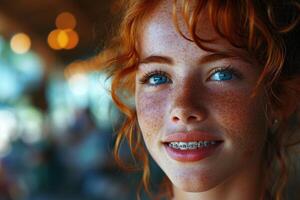 ai généré portrait de une Jeune roux femme avec un appareil dentaire sur sa les dents sur une rue Contexte. longue frisé rouge cheveux photo