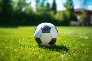 ai généré une football Balle est mis sur le vert pelouse dans anticipation de le équipes pratiquant photo