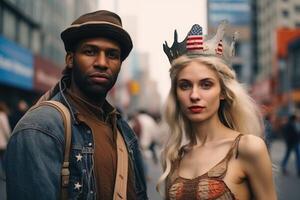 ai généré portrait de une homme et une femme patriotes de leur pays contre le Contexte de une ville rue photo