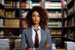 ai généré portrait de une élégant Afro-américain bibliothécaire dans formel vêtements, permanent dans le Université bibliothèque et à la recherche à le caméra photo