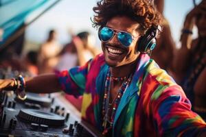 ai généré une de bonne humeur dj avec des lunettes est en jouant à une plage faire la fête. Extérieur concert photo