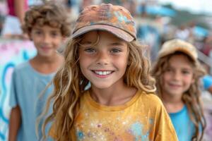 ai généré de bonne humeur copains dans coloré vêtements ayant amusement sur leur été vacances à l'extérieur photo