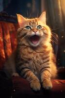 ai généré marrant portrait de une content souriant rouge chat dans une Accueil intérieur photo