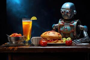 ai généré le robot est séance à une ensemble de Bière et Burger et autre collations sur le tableau. foncé arrière-plan, vite nourriture photo