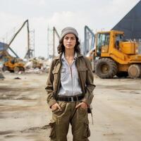 ai généré une femme ingénieur, constructeur ou architecte dans une casque contre le Contexte de une construction site photo