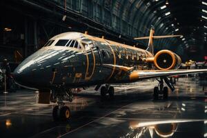 ai généré une grand passager avion des stands dans un aéroport hangar photo