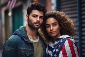 ai généré portrait de une homme et une femme patriotes de leur pays contre le Contexte de une ville rue photo