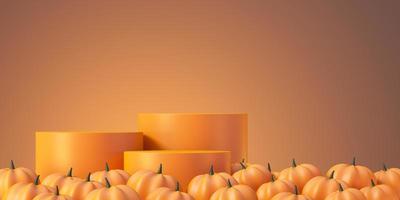 fond de maquette de produit halloween avec affichage de podium de produit orange 3d et citrouille, illustration de rendu 3d photo