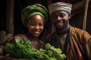 ai généré portrait de un africain couple de une homme et une femme contre le Contexte de africain la nature. mature africain couple photo