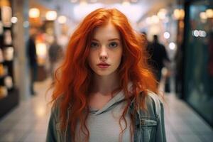 ai généré fermer de une magnifique blanc fille avec rouge cheveux, habillé dans élégant vêtements, qui regards à le caméra et sourit photo