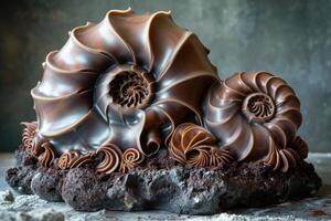 ai généré là est une grand Fait main designer Chocolat gâteau dans le forme de une coquille sur le table photo