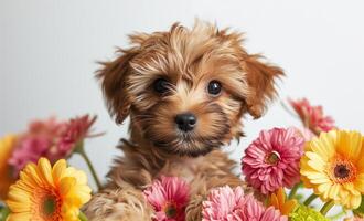 ai généré mignonne chiot avec bouquet de coloré fleurs sur blanc Contexte. une espiègle, Jeune animal de compagnie dans une printemps paramètre, isolé avec copie espace pour de bonne humeur messages. photo