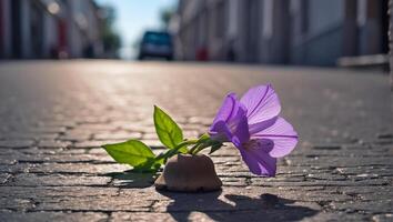 ai généré magnifique solitaire fleur grandit de asphalte photo