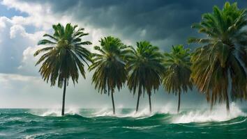 ai généré fort vent tropical orage paume des arbres, océan rive photo