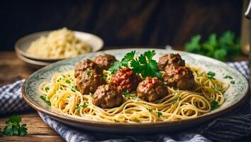 ai généré délicieux appétissant Boulettes de viande avec spaghetti dans le cuisine photo