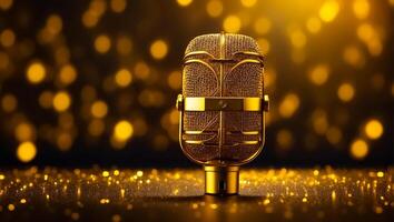 ai généré magnifique d'or microphone sur une foncé Contexte photo