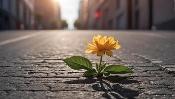 ai généré magnifique solitaire fleur grandit de asphalte photo