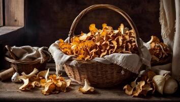 ai généré brut chanterelle champignons sur le vieux Contexte photo