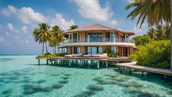 ai généré magnifique villa sur un île dans le Maldives photo