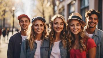 ai généré groupe de Jeune gens copains sur le rue content photo