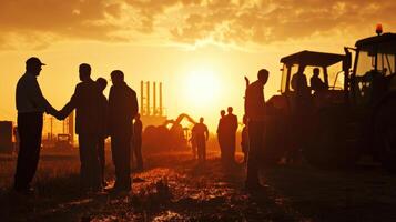 ai généré les hommes d'affaires et une plante pour le production de tracteurs et agrégats. agriculture, récolte. achat Nouveau machinerie. amélioration le qualité de le récolte. photo