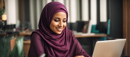 ai généré portrait de une magnifique arabe femme dans traditionnel vêtements avec une portable photo