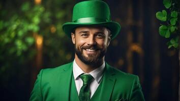 ai généré élégant content homme dans vert chapeau et vert vêtements photo