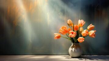 ai généré Orange tulipes dans vase sur Contexte avec vide lieu. printemps bouquet avec mur et fenêtre ombre copie espace pour de la mère ou aux femmes journée. minimaliste ancien conception et pastel couleurs photo