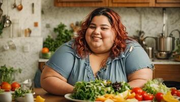 ai généré très graisse femme dans le cuisine avec légumes, poids perte concept photo