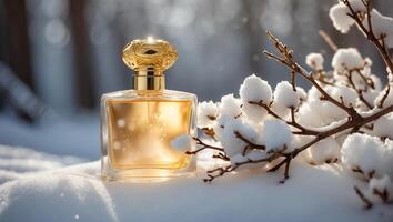ai généré magnifique bouteille de parfum dans le neige photo