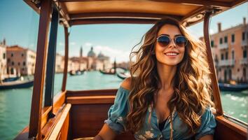 ai généré une fille dans des lunettes de soleil et une robe d'été monte une gondole dans Venise photo