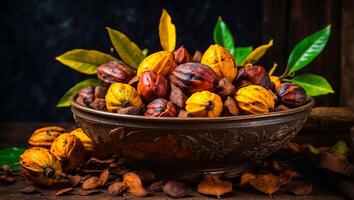 ai généré mûr cacao des fruits dans le cuisine photo