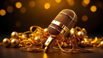 ai généré magnifique d'or microphone sur une foncé Contexte photo