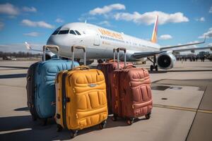 ai généré Trois élégant coloré les valises permanent dans un vide aéroport photo