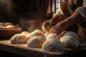 ai généré le boulanger chef pétrir le pâte sur le pain cuisson table photo