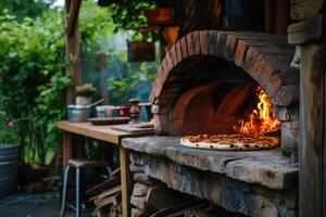 ai généré délicieux Frais italien Pizza mensonges près le four, cuit dans une chauffage au bois four photo