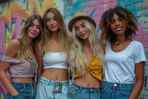 ai généré portrait de souriant copines dans été lumière vêtements sur le Contexte de le rue. une groupe de copains photo