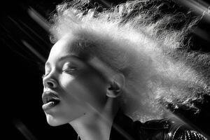 ai généré portrait de un albinos africain fille avec blanc cheveux fermer photo