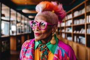 ai généré portrait de un personnes âgées africain bibliothécaire dans coloré vêtements et lunettes, permanent dans le Université bibliothèque et à la recherche à le caméra photo